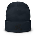 Navy cuffed beanie with Warrior Kanji Symbol (武) embroidered artwork, front view