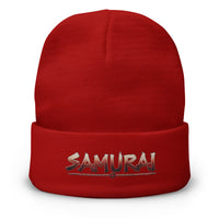 Red cuffed beanie with Samurai Warrior embroidered artwork, front view