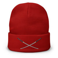 Red cuffed beanie with Dual Samurai Swords Warrior embroidered artwork, front view