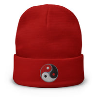 Red cuffed beanie with Triple Yin Yang Symbol embroidered artwork, front view