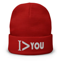 Red cuffed beanie with I Am Greater > Than You embroidered artwork, front view