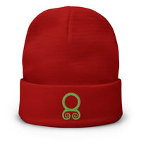 Red cuffed beanie with Green Viking Troll Cross embroidered artwork, front view