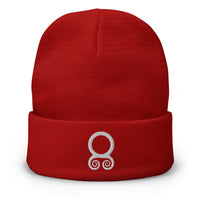 Red cuffed beanie with White Viking Troll Cross embroidered artwork, front view