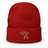 Red cuffed beanie with Eye of Ra embroidered artwork, front view