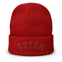 Red cuffed beanie with Satan Blood Drip embroidered artwork, front view