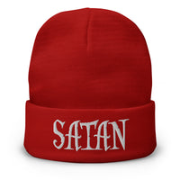 Red cuffed beanie with White Satan Pure Evil embroidered artwork, front view
