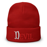 Red cuffed beanie with The Devil Is Evil embroidered artwork, front view