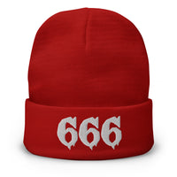 Red cuffed beanie with White 666 embroidered artwork, front view