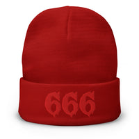 Red cuffed beanie with Red 666 embroidered artwork, front view