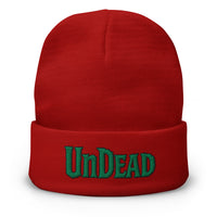 Red cuffed beanie with Undead Zombie Horror embroidered artwork, front view
