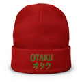 Red cuffed beanie with Otaku オタク embroidered artwork, front view