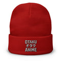 Red cuffed beanie with Otaku オタク Anime embroidered artwork, front view