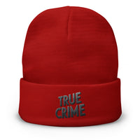 Red cuffed beanie with Detective Style True Crime embroidered artwork, front view