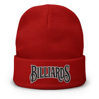 Red cuffed beanie with Billiards Pool Hall embroidered artwork, front view