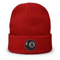 Red cuffed beanie with Black 8 Ball Billiards embroidered artwork, front view