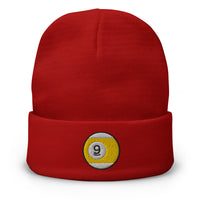 Red cuffed beanie with Nine Ball Line Billiards embroidered artwork, front view