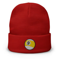 Red cuffed beanie with Nine Ball Billiards embroidered artwork, front view