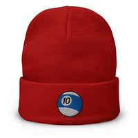 Red cuffed beanie with Ten Ball Billiards embroidered artwork, front view