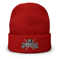Red cuffed beanie with Billiards 8 Ball embroidered artwork, front view