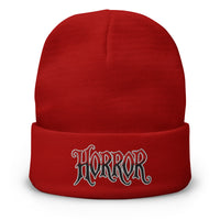 Red cuffed beanie with HORROR House of Horrors Blood Drip embroidered artwork, front view