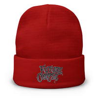 Red cuffed beanie with Future Corpse Horror Funeral embroidered artwork, front view