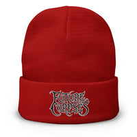 Red cuffed beanie with Future Corpses Horror embroidered artwork, front view