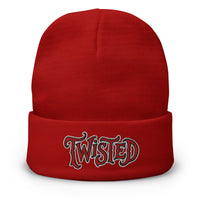 Red cuffed beanie with Twisted Horror Carnival embroidered artwork, front view
