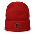 Red cuffed beanie with Death Kanji 死 (Shi) embroidered artwork, front view