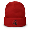 Red cuffed beanie with Endure Kanji 忍 (Nin) embroidered artwork, front view