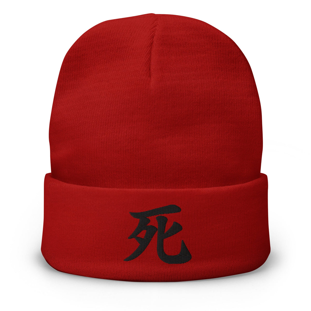 Red cuffed beanie with Death Kanji Symbol (死) embroidered artwork, front view