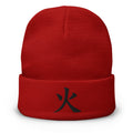 Red cuffed beanie with Fire Kanji Symbol (火) embroidered artwork, front view