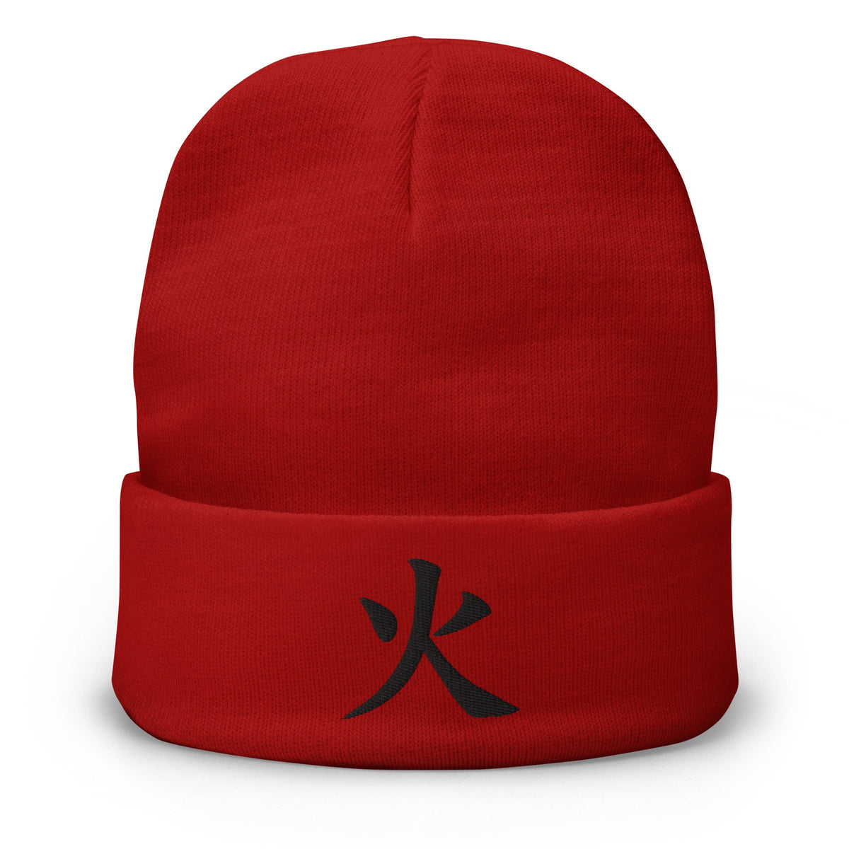 Red cuffed beanie with Fire Kanji Symbol (火) embroidered artwork, front view