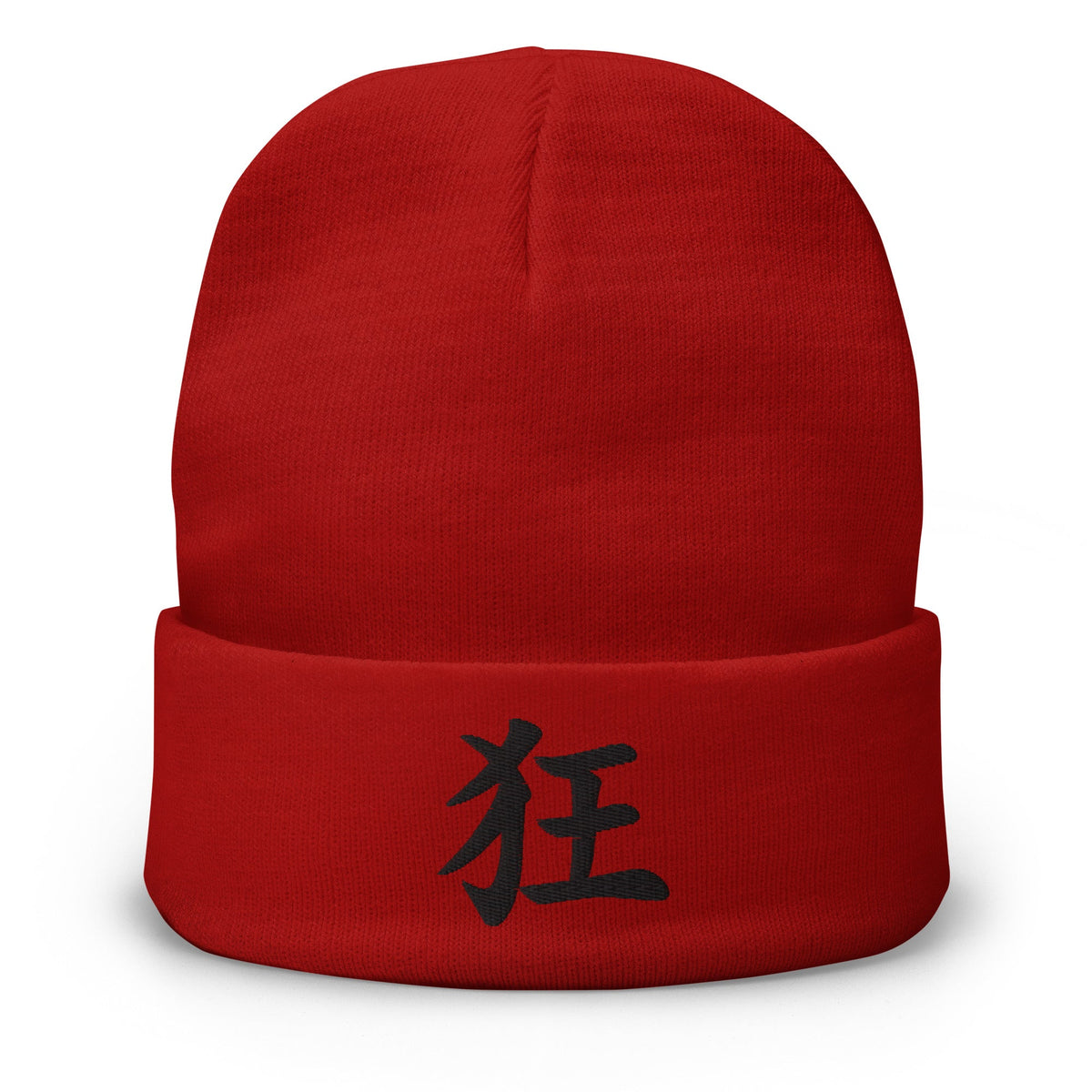 Red cuffed beanie with Madness Kanji Symbol (狂) embroidered artwork, front view