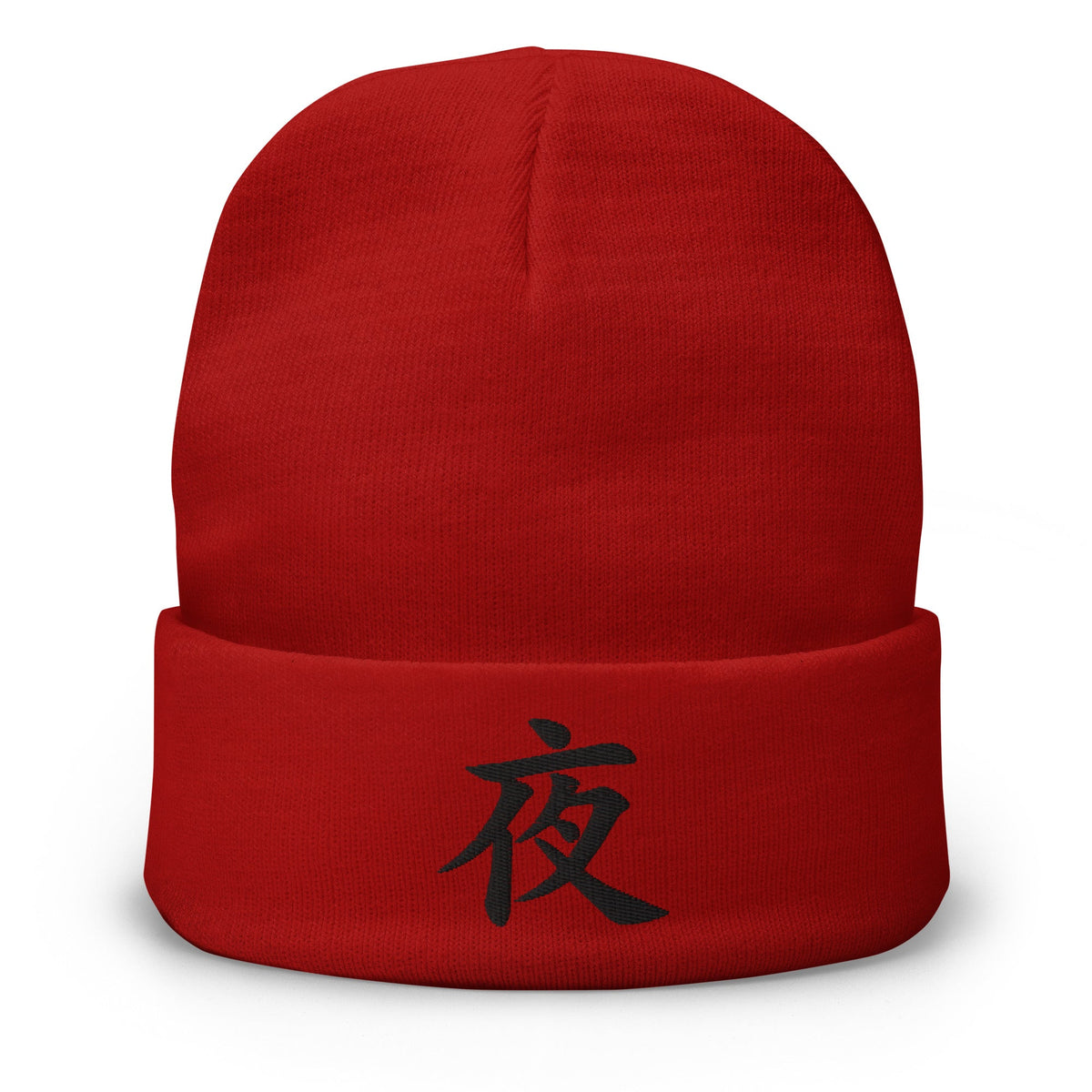 Red cuffed beanie with Night Kanji Symbol (夜) embroidered artwork, front view