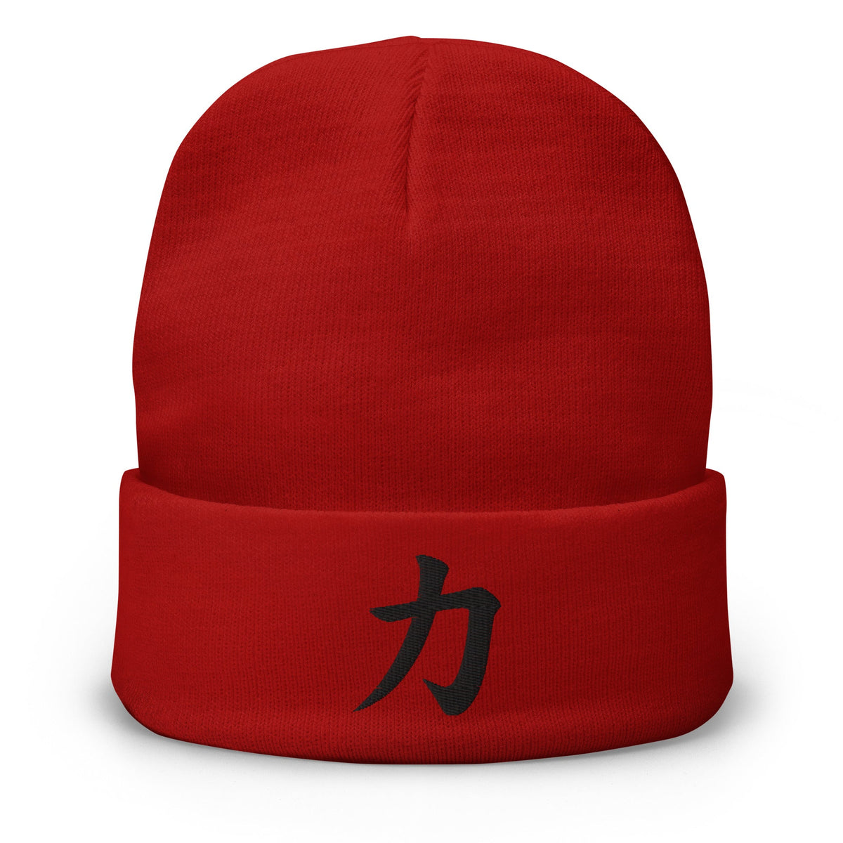 Red cuffed beanie with Power Kanji Symbol (力) embroidered artwork, front view