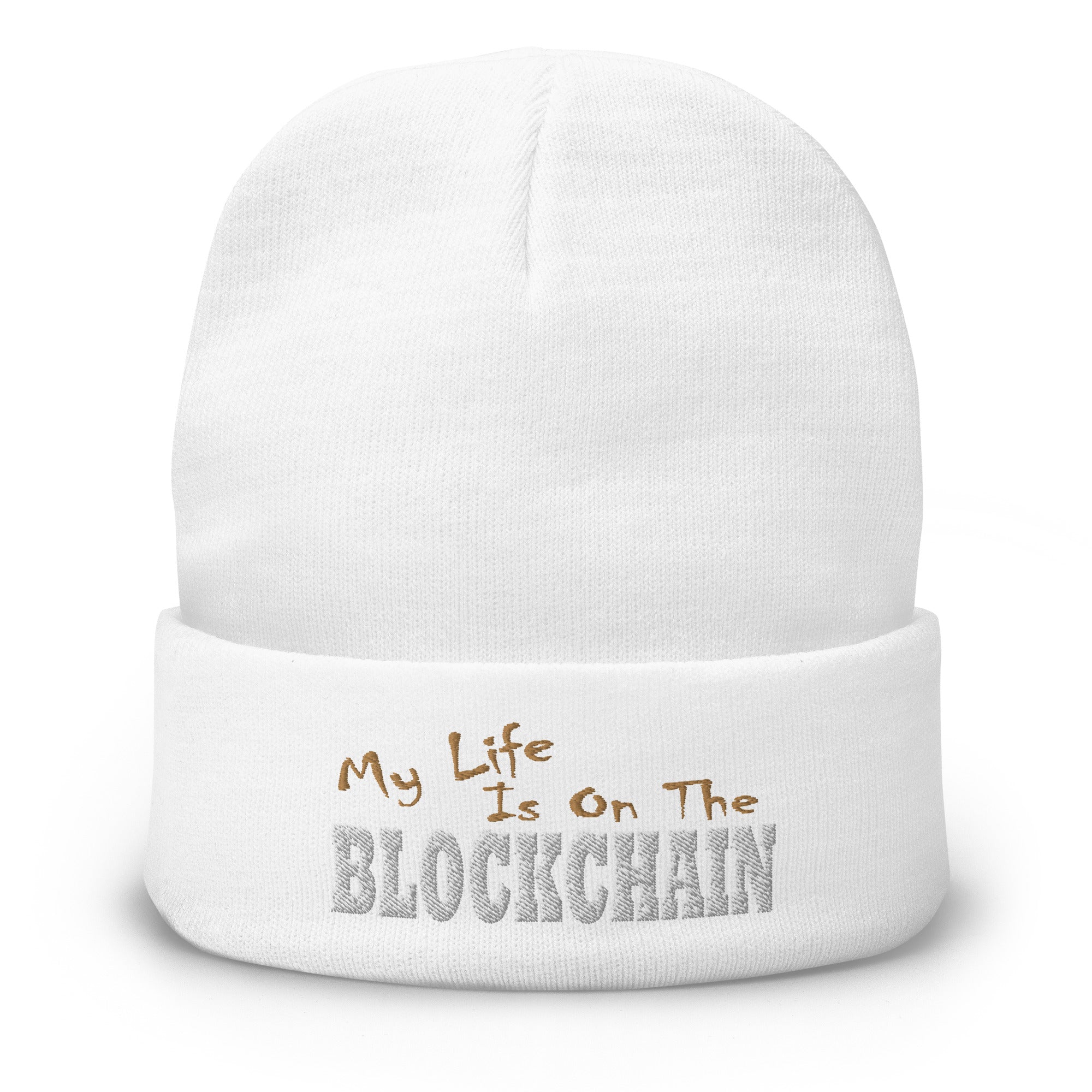 My Life is on the Blockchain Crypto Satire Bitcoin Embroidered Cuff Beanie Cap