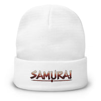 White cuffed beanie with Samurai Warrior embroidered artwork, front view