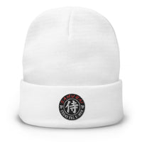 White cuffed beanie with Samurai Honor the Sword Japanese Kanji embroidered artwork, front view