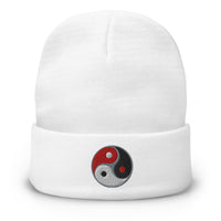White cuffed beanie with Triple Yin Yang Symbol embroidered artwork, front view