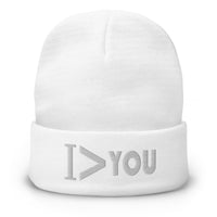 White cuffed beanie with I Am Greater > Than You embroidered artwork, front view