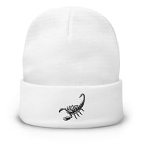 White cuffed beanie with Scorpion Sting embroidered artwork, front view
