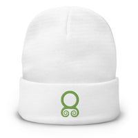 White cuffed beanie with Green Viking Troll Cross embroidered artwork, front view