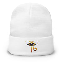 White cuffed beanie with Eye of Ra embroidered artwork, front view