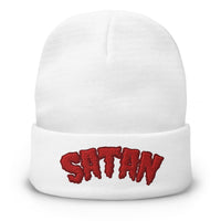 White cuffed beanie with Satan Blood Drip embroidered artwork, front view