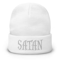 White cuffed beanie with White Satan Pure Evil embroidered artwork, front view