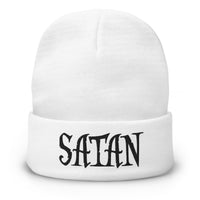 White cuffed beanie with Black Satan Pure Evil embroidered artwork, front view