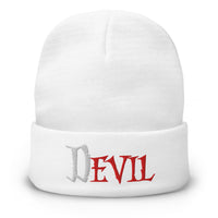 White cuffed beanie with The Devil Is Evil embroidered artwork, front view