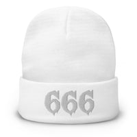 White cuffed beanie with White 666 embroidered artwork, front view