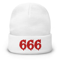 White cuffed beanie with Red 666 embroidered artwork, front view