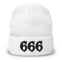 White cuffed beanie with Black 666 embroidered artwork, front view